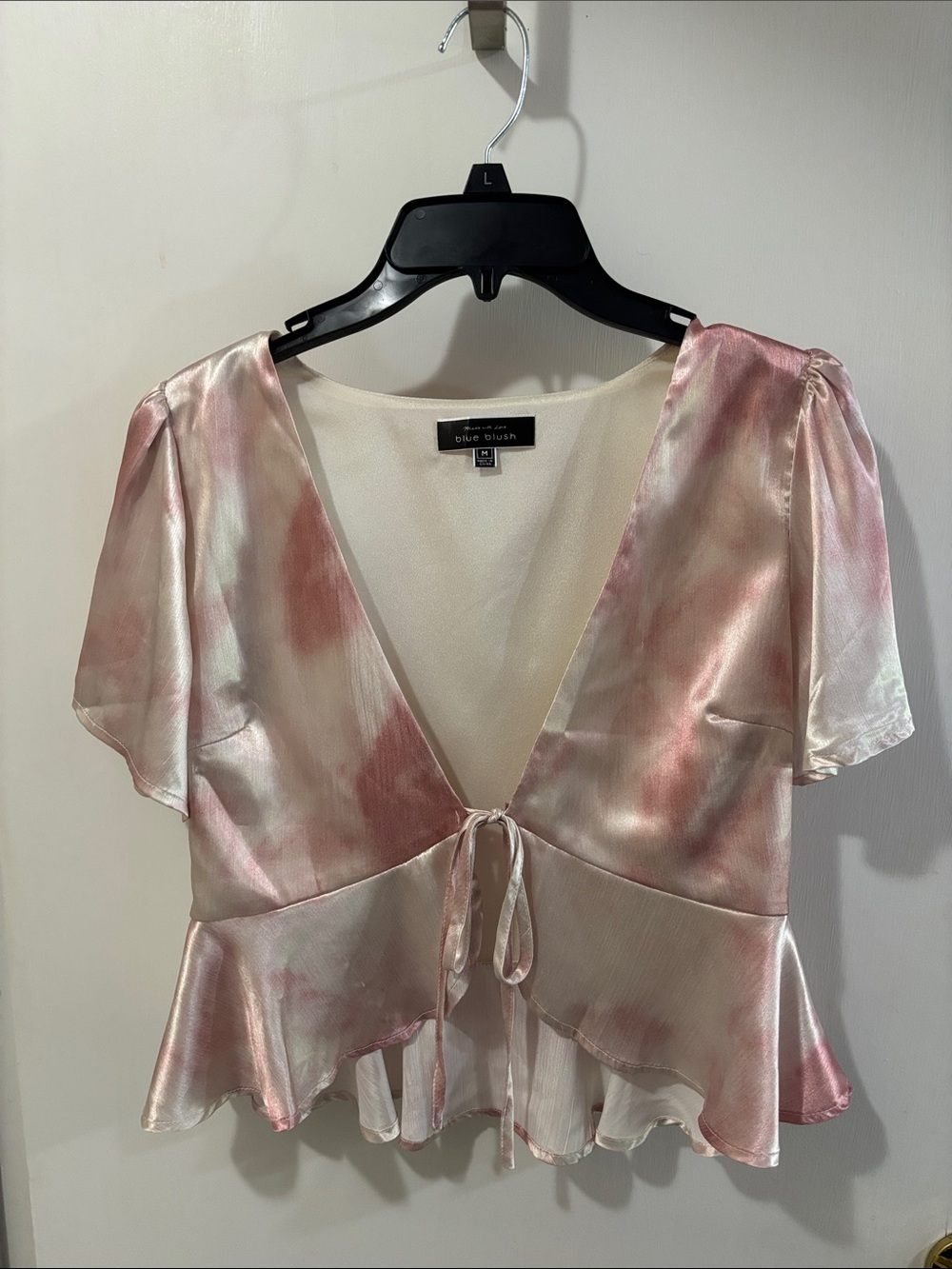 Blush Satin Tie-Front Peplum Blouse